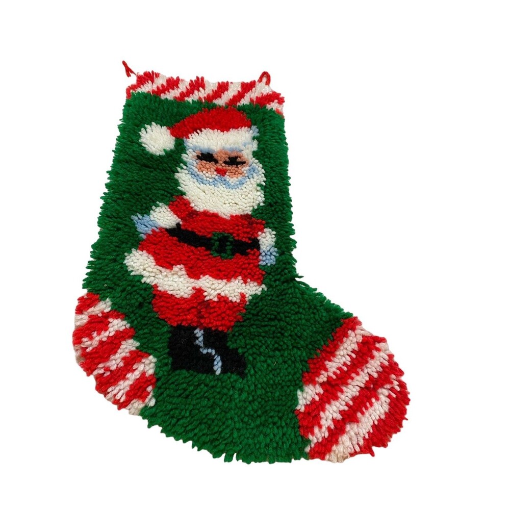 Vintage Santa Claus Christmas Stocking Latch Hook Shag Handmade 24 in